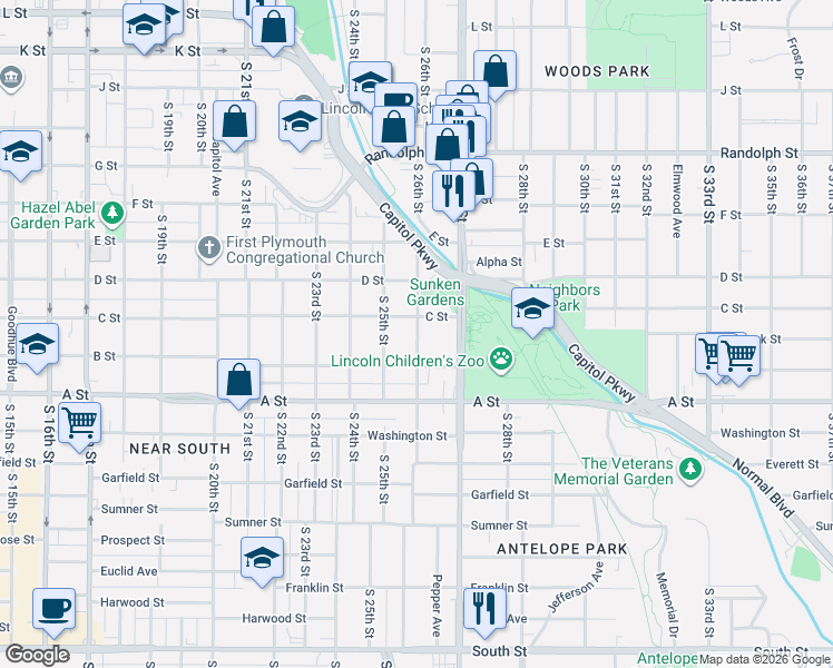 map of restaurants, bars, coffee shops, grocery stores, and more near 2600 C Street in Lincoln
