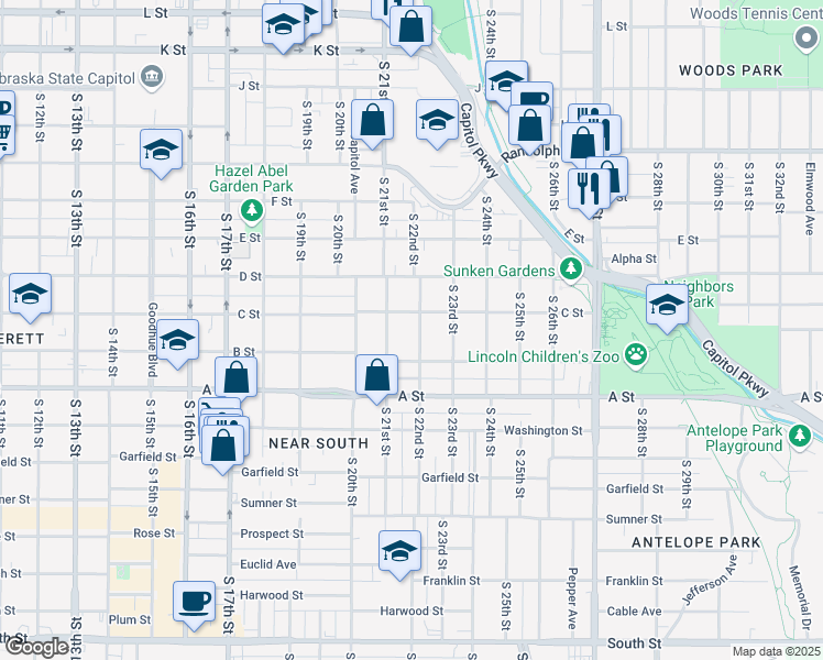 map of restaurants, bars, coffee shops, grocery stores, and more near 2123 C Street in Lincoln