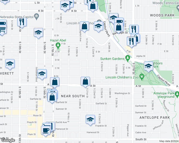 map of restaurants, bars, coffee shops, grocery stores, and more near 2123 C Street in Lincoln