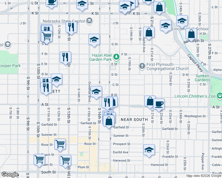 map of restaurants, bars, coffee shops, grocery stores, and more near 1728 C Street in Lincoln