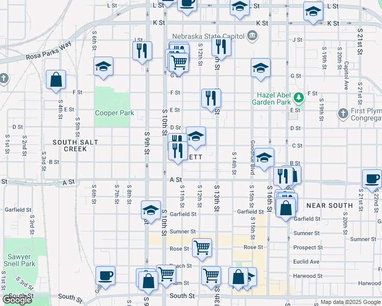 map of restaurants, bars, coffee shops, grocery stores, and more near 1112 C Street in Lincoln