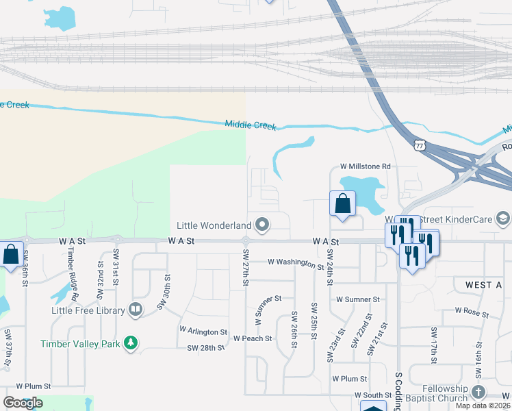 map of restaurants, bars, coffee shops, grocery stores, and more near Southwest 27th Street in Lincoln