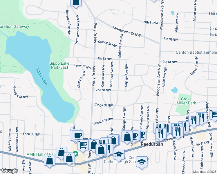 map of restaurants, bars, coffee shops, grocery stores, and more near 234 Saratoga Avenue Northwest in Canton