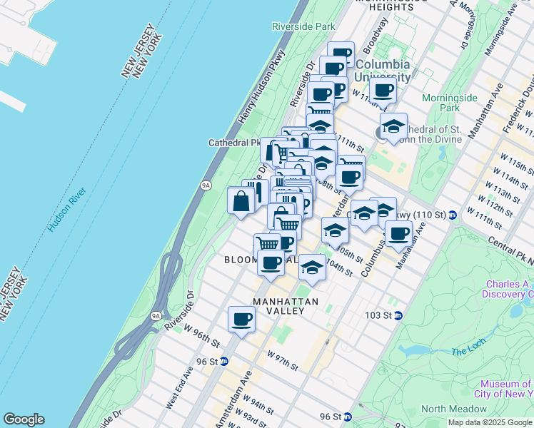 map of restaurants, bars, coffee shops, grocery stores, and more near 915 West End Avenue in New York