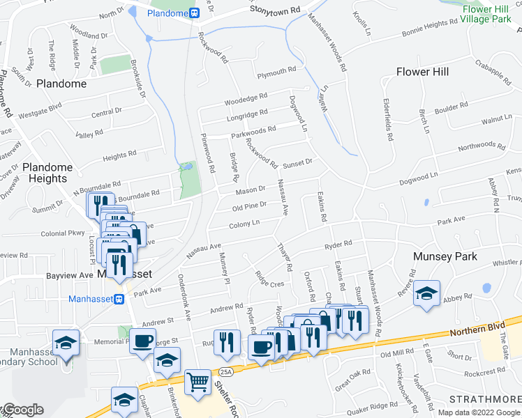 map of restaurants, bars, coffee shops, grocery stores, and more near 3 Old Pine Drive in Manhasset