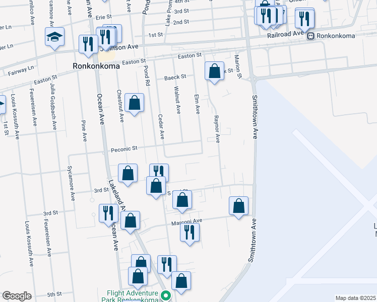 map of restaurants, bars, coffee shops, grocery stores, and more near 921 Peconic Street in Ronkonkoma