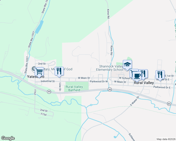 map of restaurants, bars, coffee shops, grocery stores, and more near 117 Maple Street in Rural Valley