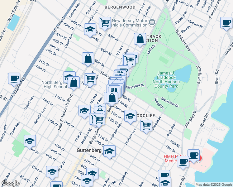 map of restaurants, bars, coffee shops, grocery stores, and more near in North Bergen