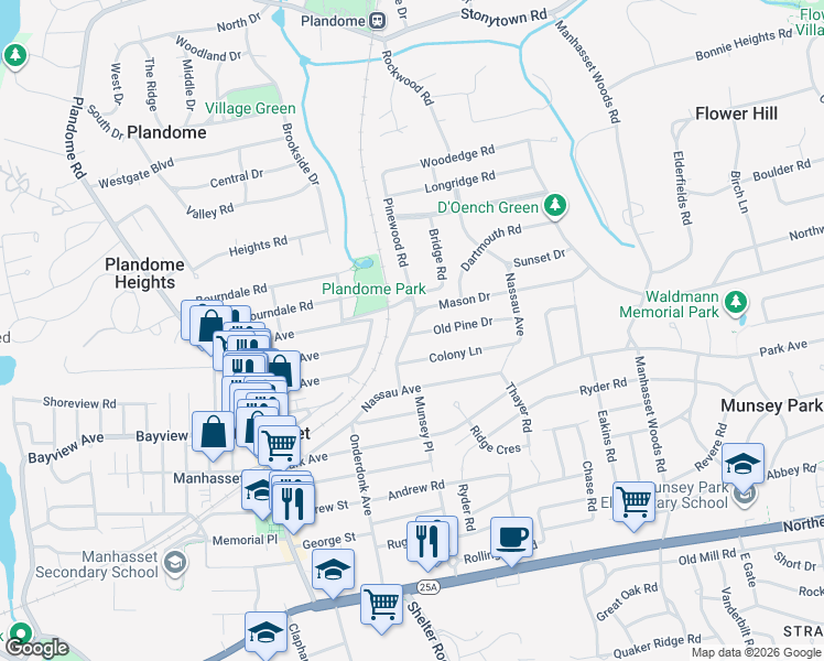 map of restaurants, bars, coffee shops, grocery stores, and more near 3 Old Pine Drive in Manhasset