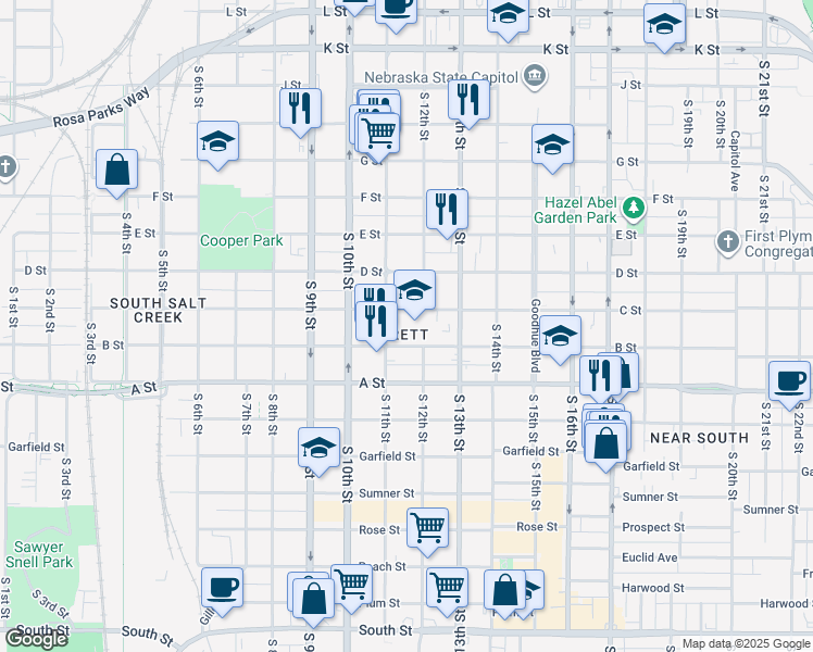 map of restaurants, bars, coffee shops, grocery stores, and more near 1123 C Street in Lincoln