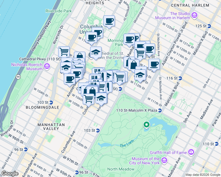 map of restaurants, bars, coffee shops, grocery stores, and more near 340 West 110th Street in New York
