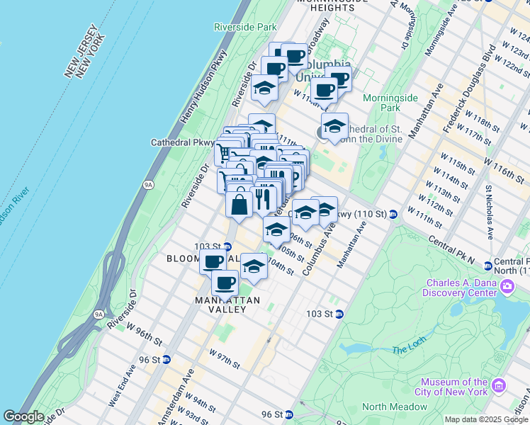 map of restaurants, bars, coffee shops, grocery stores, and more near 203 West 106th Street in New York