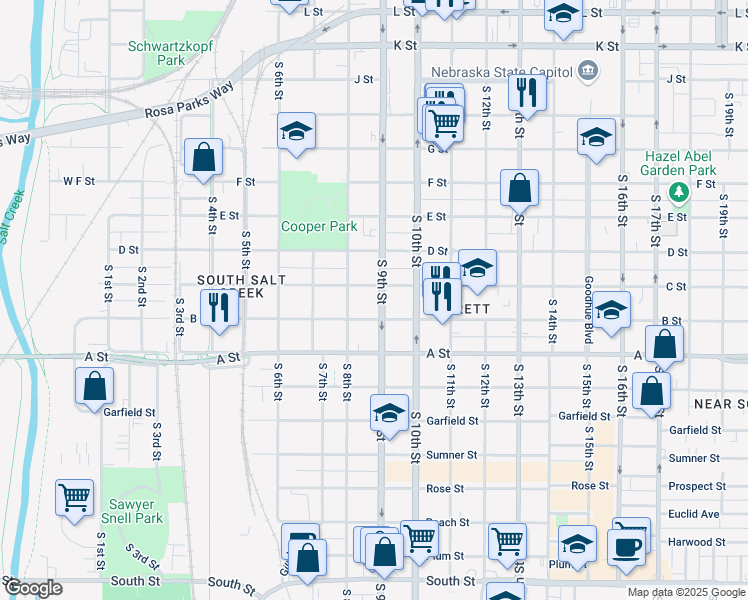 map of restaurants, bars, coffee shops, grocery stores, and more near 1225 South 9th Street in Lincoln