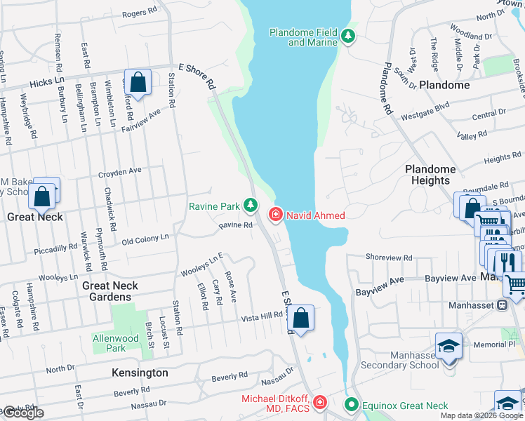 map of restaurants, bars, coffee shops, grocery stores, and more near 320 East Shore Road in Great Neck