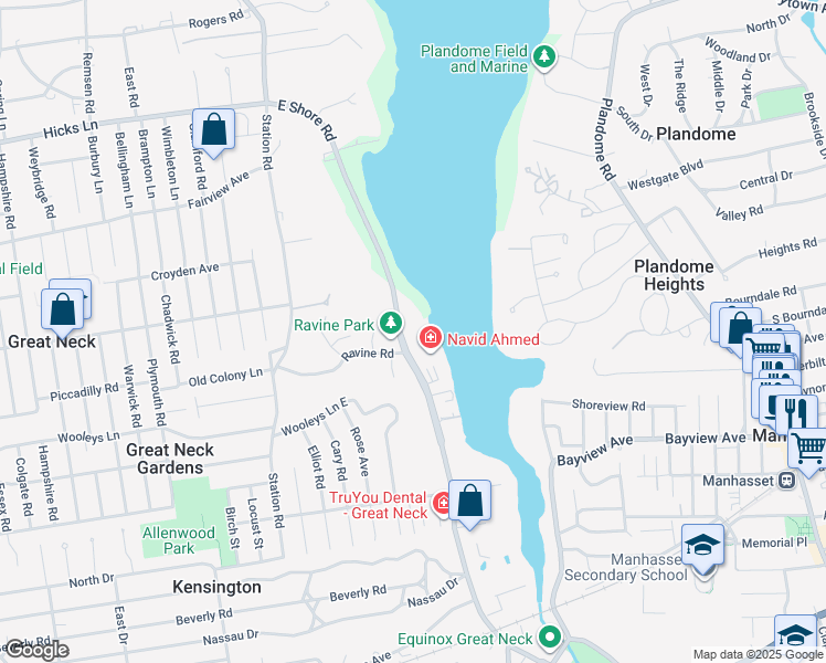 map of restaurants, bars, coffee shops, grocery stores, and more near 322 East Shore Road in Great Neck