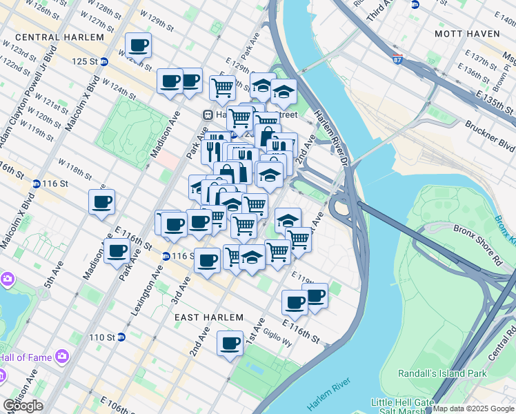 map of restaurants, bars, coffee shops, grocery stores, and more near 221 1/2 East 122nd Street in New York
