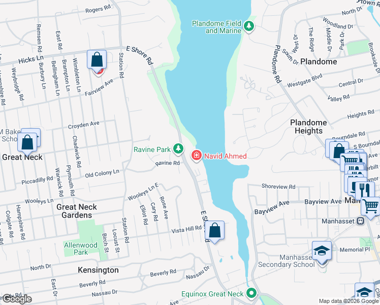 map of restaurants, bars, coffee shops, grocery stores, and more near 322 East Shore Road in Great Neck