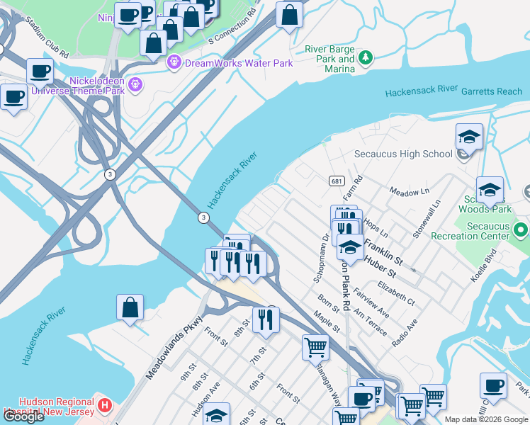 map of restaurants, bars, coffee shops, grocery stores, and more near 67 Mallard Place in Secaucus