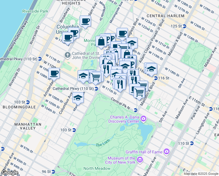 map of restaurants, bars, coffee shops, grocery stores, and more near 249 West 112th Street in New York