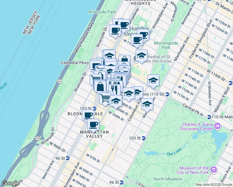 map of restaurants, bars, coffee shops, grocery stores, and more near 950 Amsterdam Avenue in New York