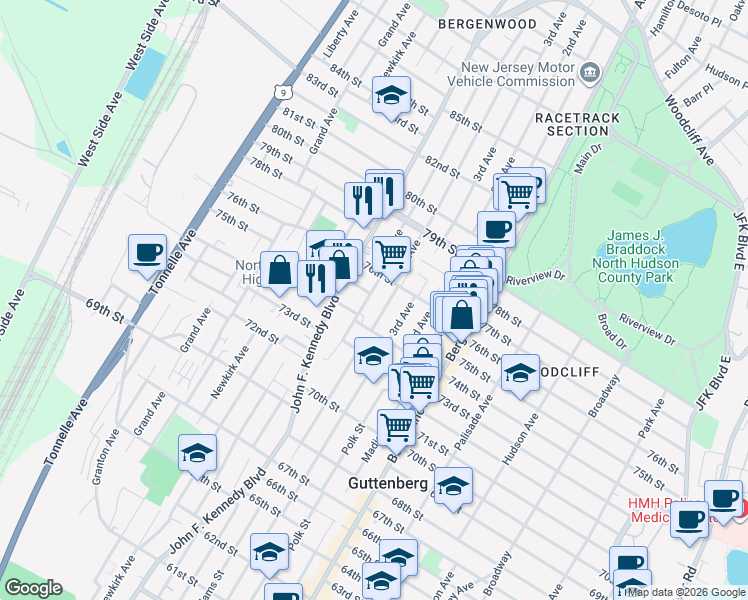 map of restaurants, bars, coffee shops, grocery stores, and more near 911 76th Street in North Bergen