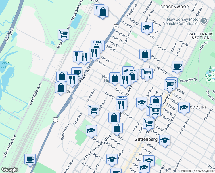 map of restaurants, bars, coffee shops, grocery stores, and more near 7308 Dane Court in North Bergen