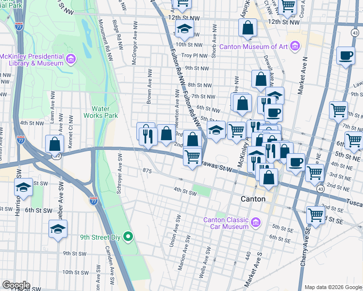 map of restaurants, bars, coffee shops, grocery stores, and more near 1016 2nd Street Northwest in Canton