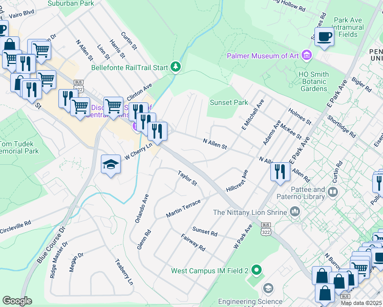 map of restaurants, bars, coffee shops, grocery stores, and more near 842 Willard Street in State College