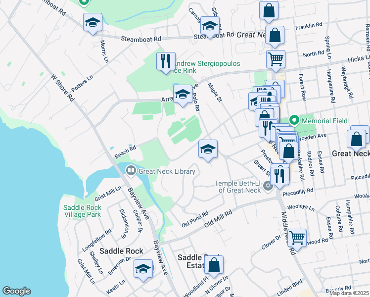 map of restaurants, bars, coffee shops, grocery stores, and more near 79 Beach Road in Great Neck