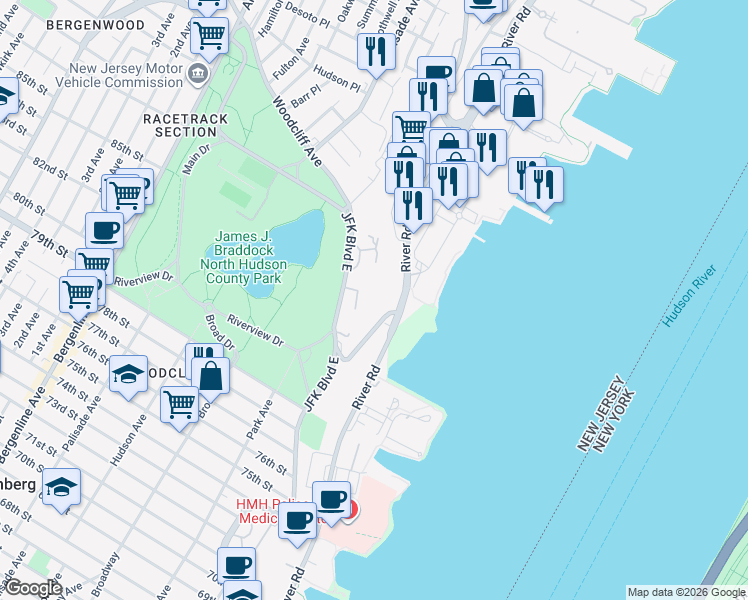 map of restaurants, bars, coffee shops, grocery stores, and more near 64 Bergen Ridge Road in North Bergen