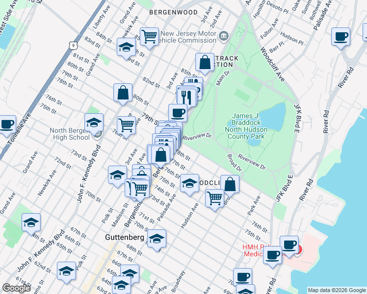 map of restaurants, bars, coffee shops, grocery stores, and more near 433 79th Street in North Bergen