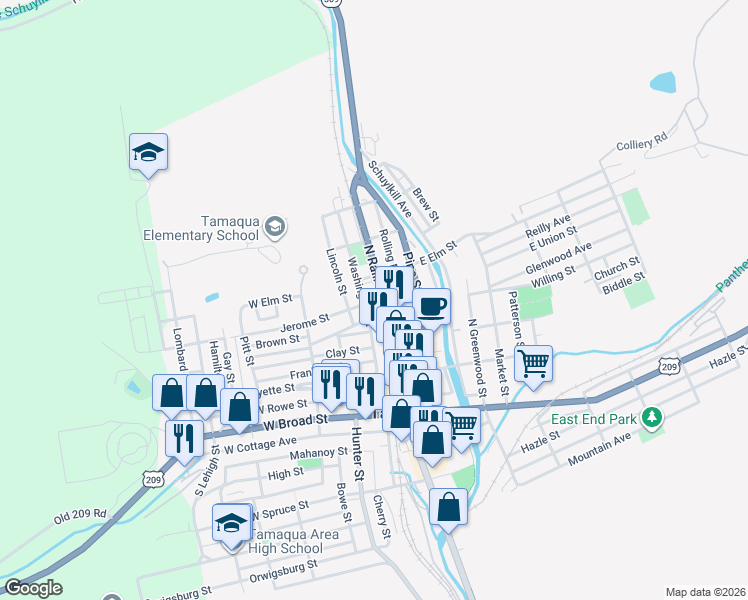 map of restaurants, bars, coffee shops, grocery stores, and more near 331 North Railroad Street in Tamaqua