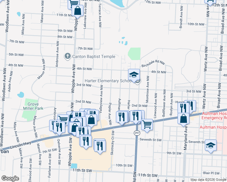 map of restaurants, bars, coffee shops, grocery stores, and more near 303 Aultman Avenue Northwest in Canton