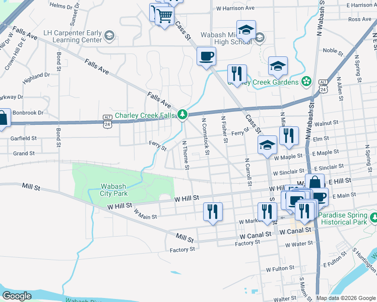 map of restaurants, bars, coffee shops, grocery stores, and more near 583 Ferry St in Wabash
