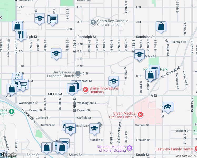 map of restaurants, bars, coffee shops, grocery stores, and more near 4235 C Street in Lincoln