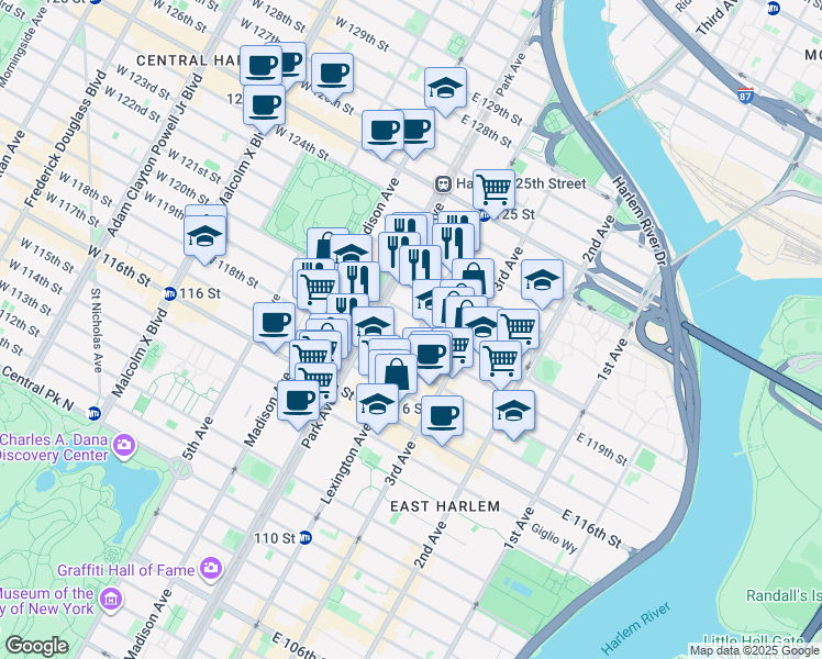 map of restaurants, bars, coffee shops, grocery stores, and more near 1940 Lexington Avenue in New York