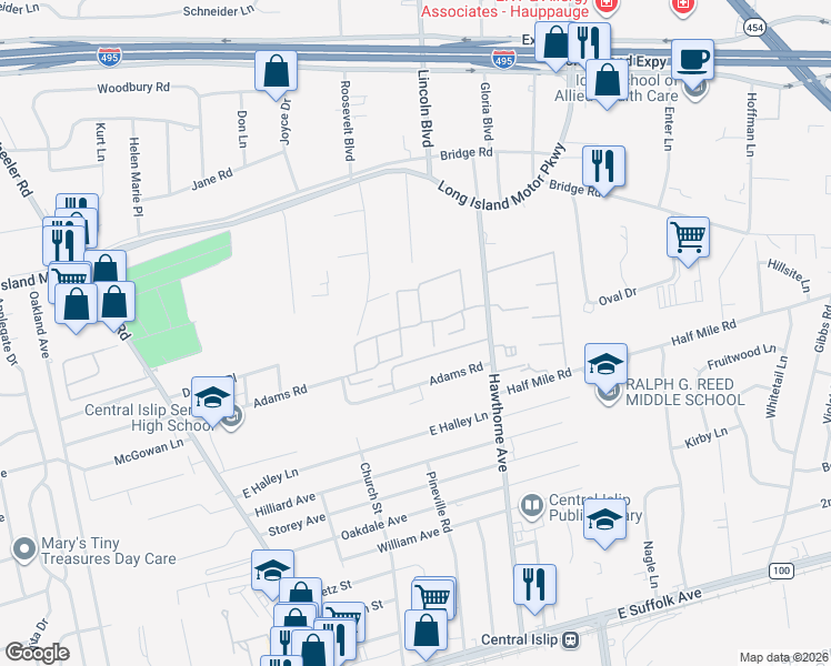 map of restaurants, bars, coffee shops, grocery stores, and more near 293 Feller Drive in Central Islip