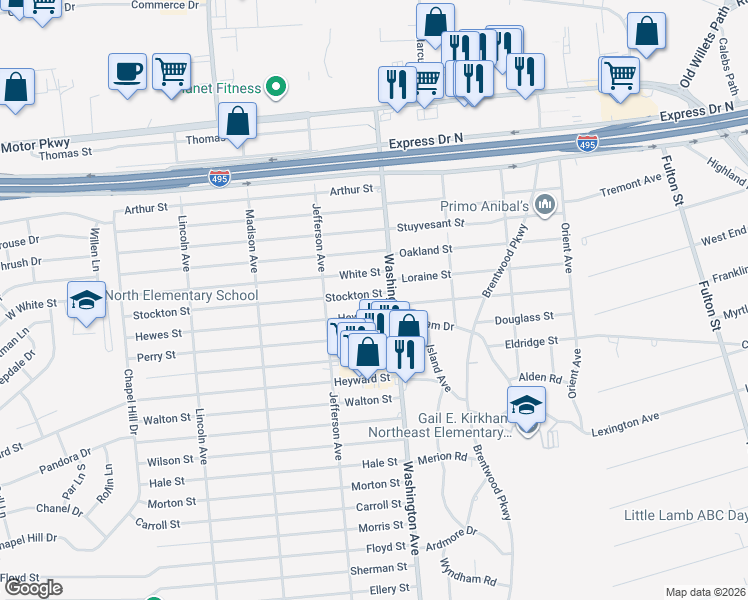 map of restaurants, bars, coffee shops, grocery stores, and more near 54 White Street in Brentwood