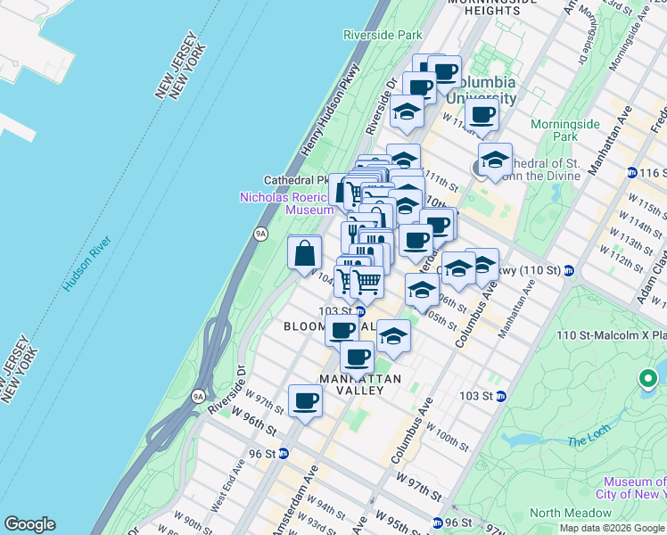 map of restaurants, bars, coffee shops, grocery stores, and more near 307 West 105th Street in New York
