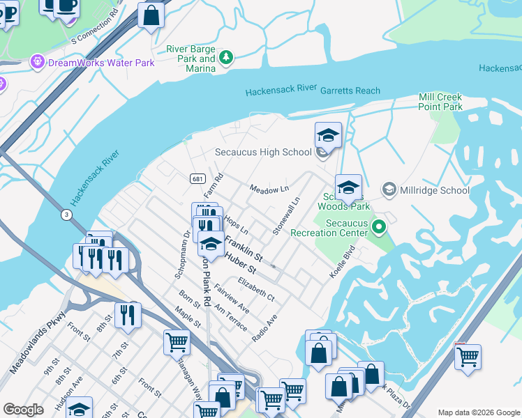 map of restaurants, bars, coffee shops, grocery stores, and more near 191 Meadowlands Parkway in Secaucus