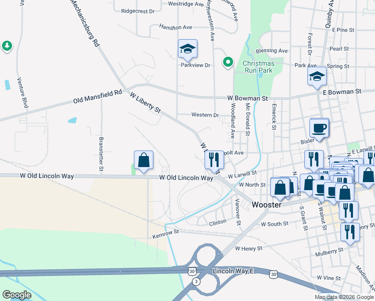 map of restaurants, bars, coffee shops, grocery stores, and more near 876 West Liberty Street in Wooster