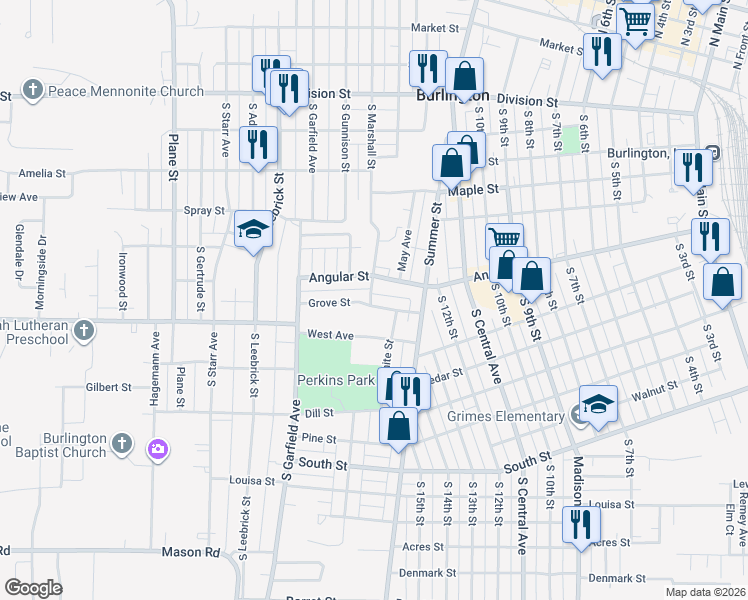 map of restaurants, bars, coffee shops, grocery stores, and more near 1239 Angular Street in Burlington