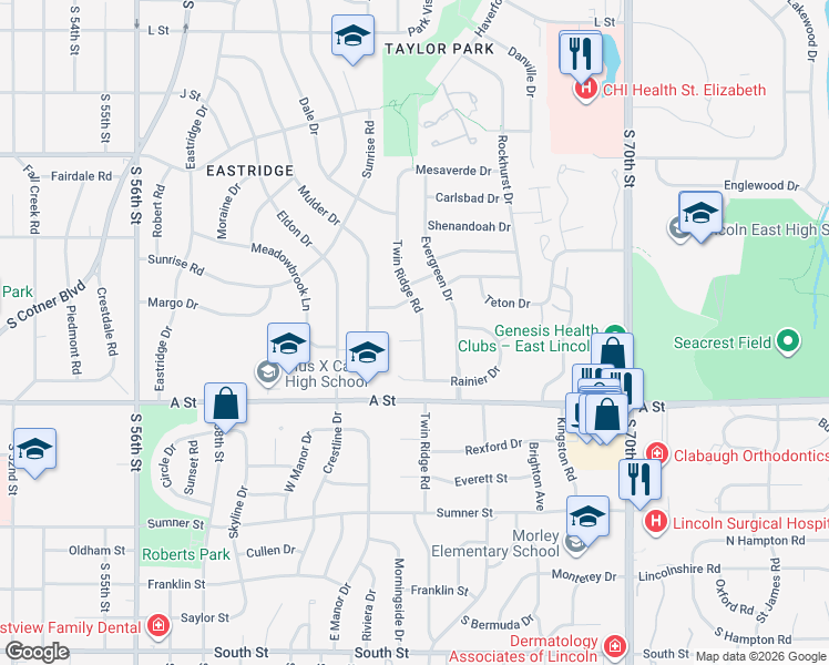 map of restaurants, bars, coffee shops, grocery stores, and more near 1212 Twin Ridge Road in Lincoln