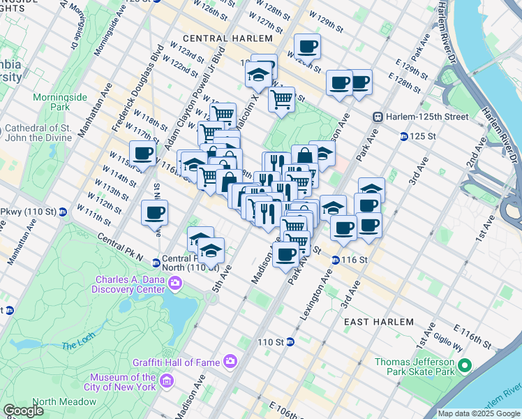 map of restaurants, bars, coffee shops, grocery stores, and more near 1425 5th Avenue in New York