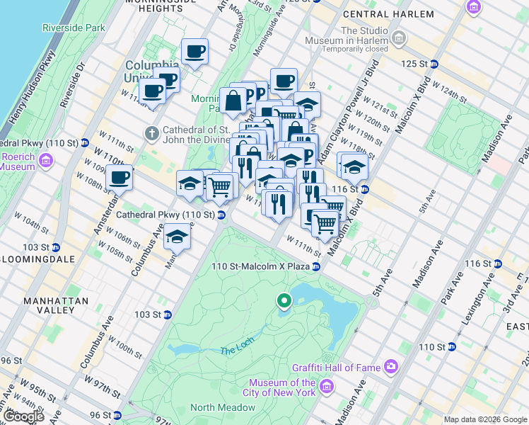 map of restaurants, bars, coffee shops, grocery stores, and more near 249 West 112th Street in New York