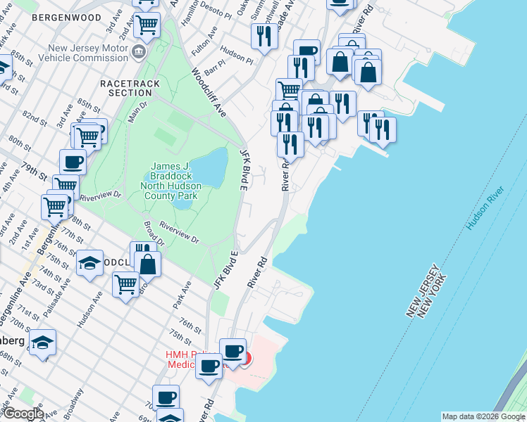 map of restaurants, bars, coffee shops, grocery stores, and more near 64 Bergen Ridge Road in North Bergen
