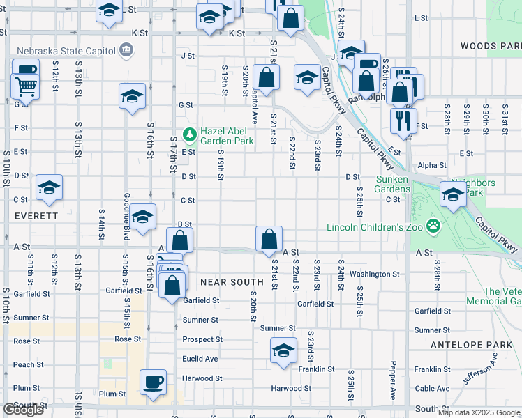 map of restaurants, bars, coffee shops, grocery stores, and more near 1220 South 20th Street in Lincoln