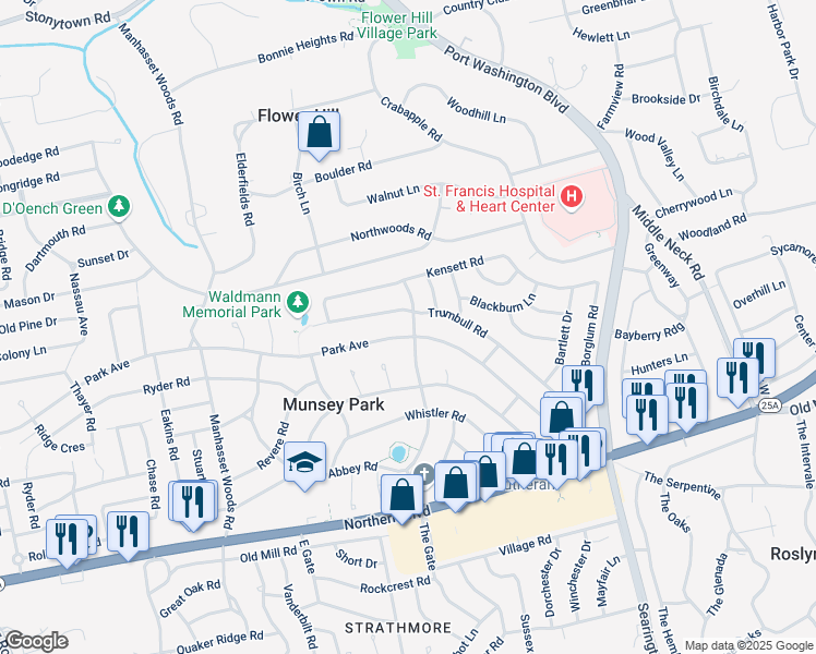map of restaurants, bars, coffee shops, grocery stores, and more near 448 Abbey Road in Manhasset