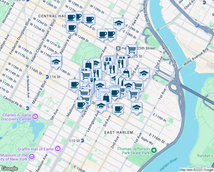 map of restaurants, bars, coffee shops, grocery stores, and more near 100 East 120th Street in New York