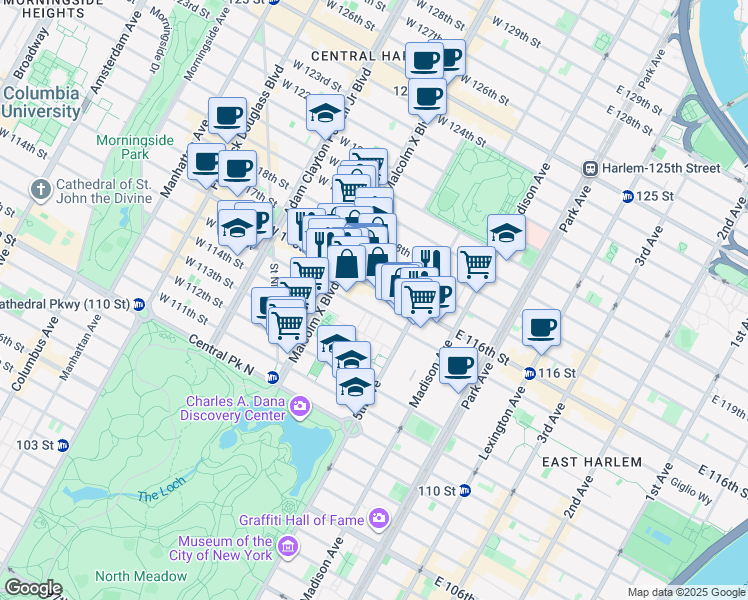 map of restaurants, bars, coffee shops, grocery stores, and more near 46 West 116th Street in New York